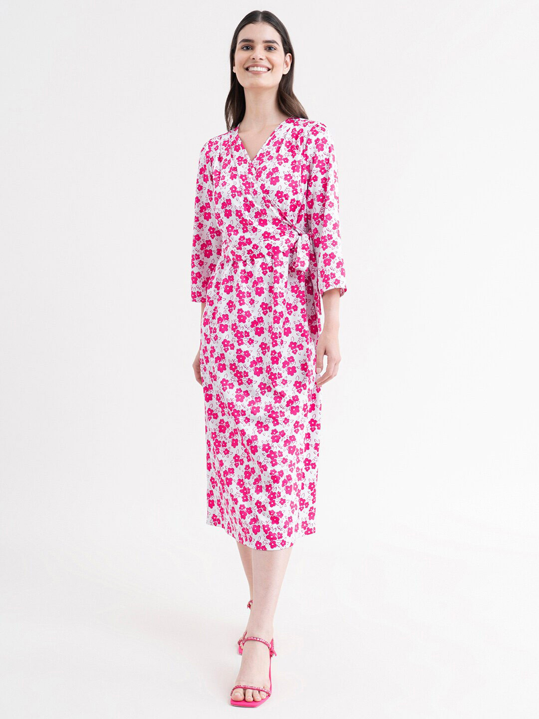 FableStreet White Floral Wrap Satin Midi Women Dress