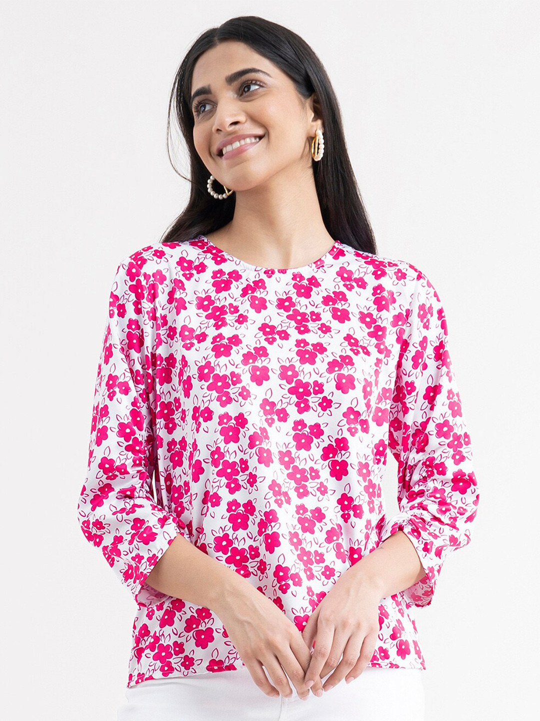 FABLE STREET White & Pink Floral Print Satin Top