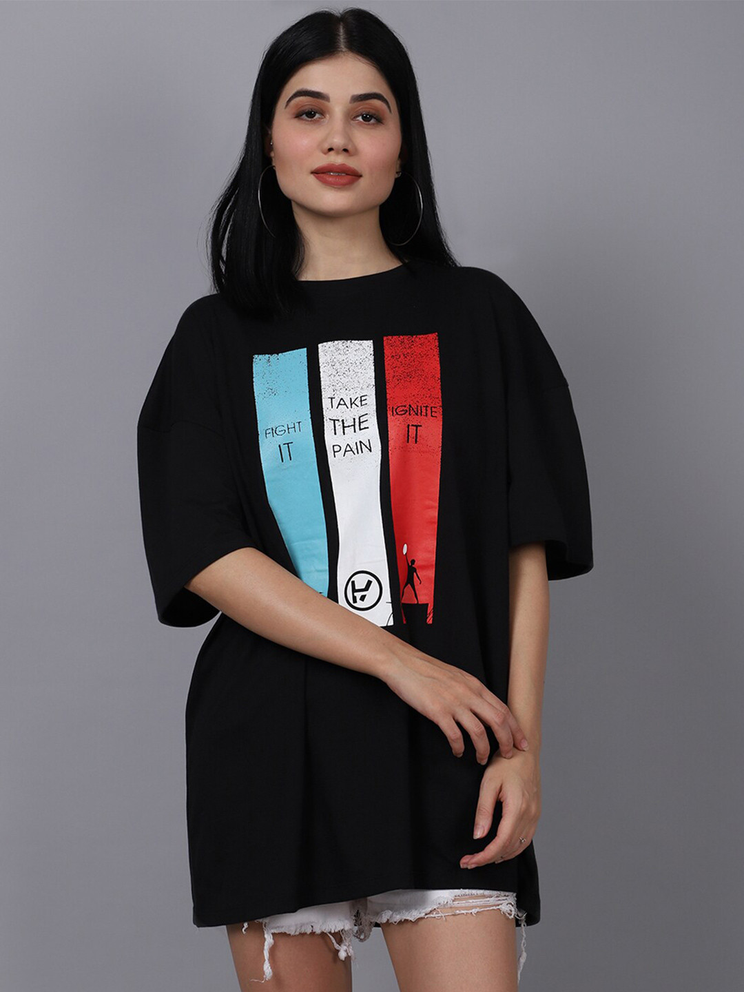 DOOR74 Women Black Typography Loose T-shirt