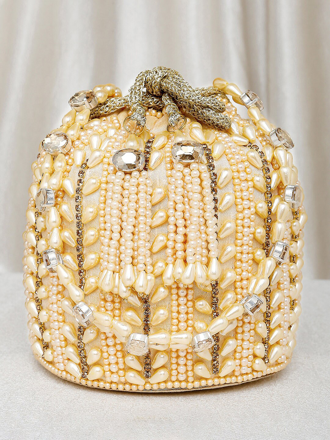 Peora Women Cream-Coloured & Gold-Toned Embroidered Potli Clutch