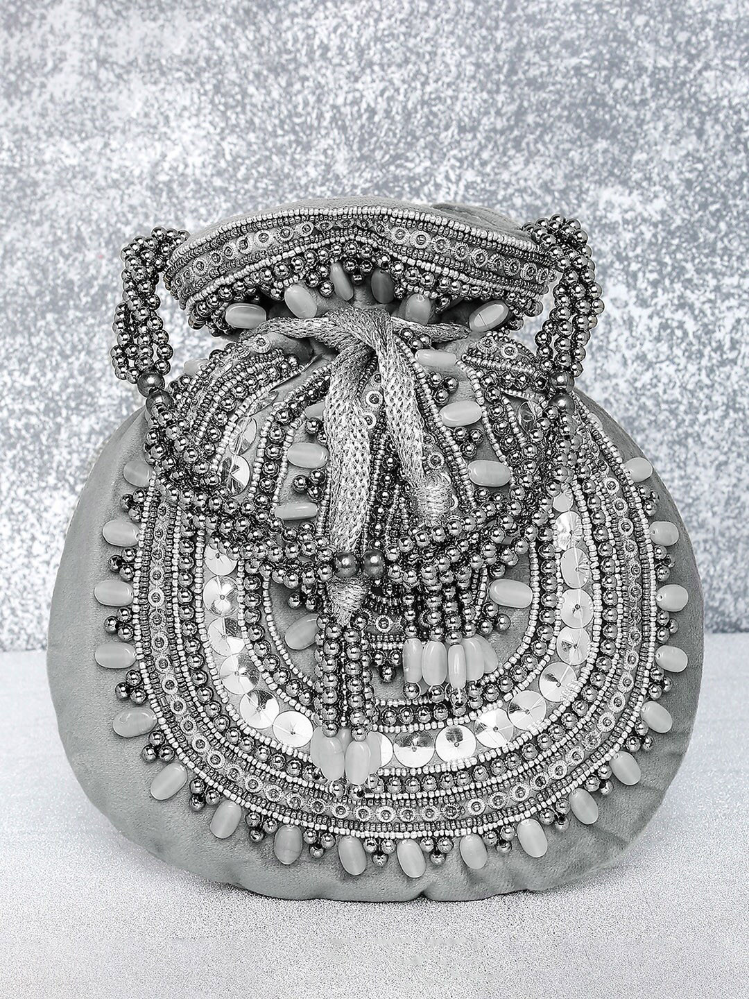 Peora Grey & White Embroidered Potli Clutch