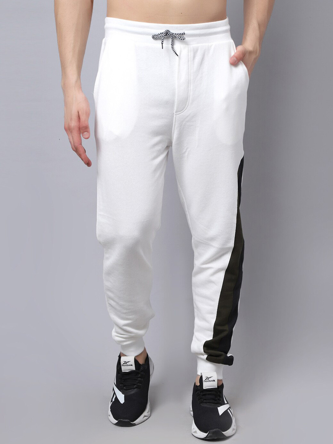 DOOR74 Men Off White & Black Colorblocked Cotton Jogger