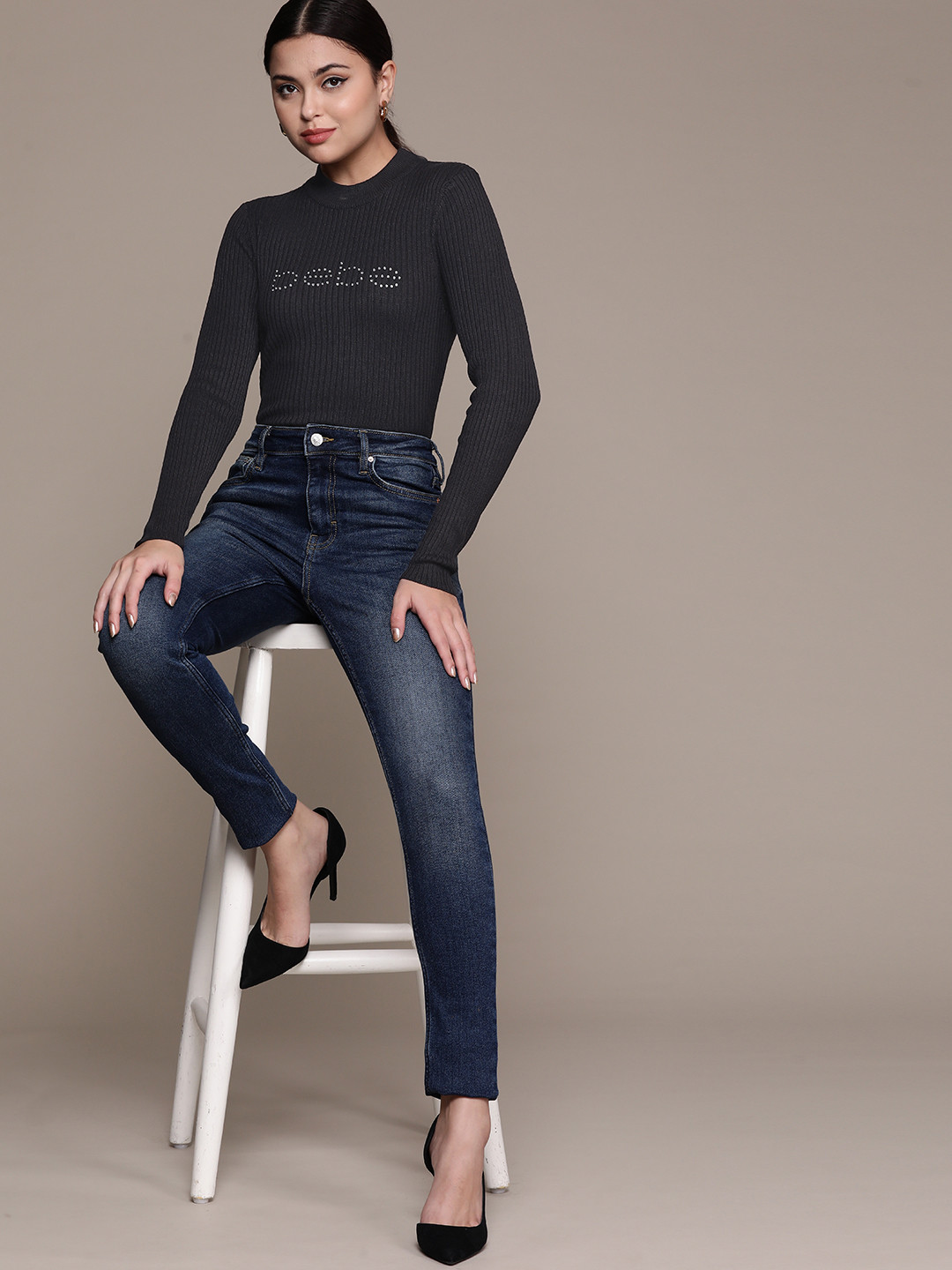 bebe Women Black Typography Pullover with Embellished Detail
