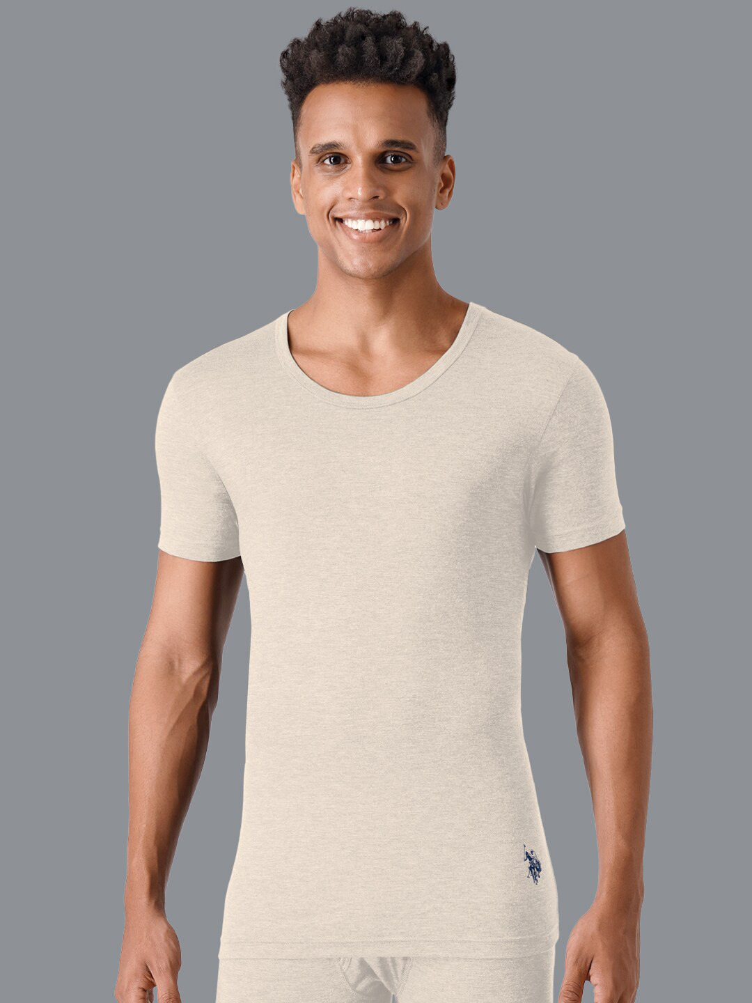 U.S. Polo Assn. Men Beige Colored Solid Thermal Tops
