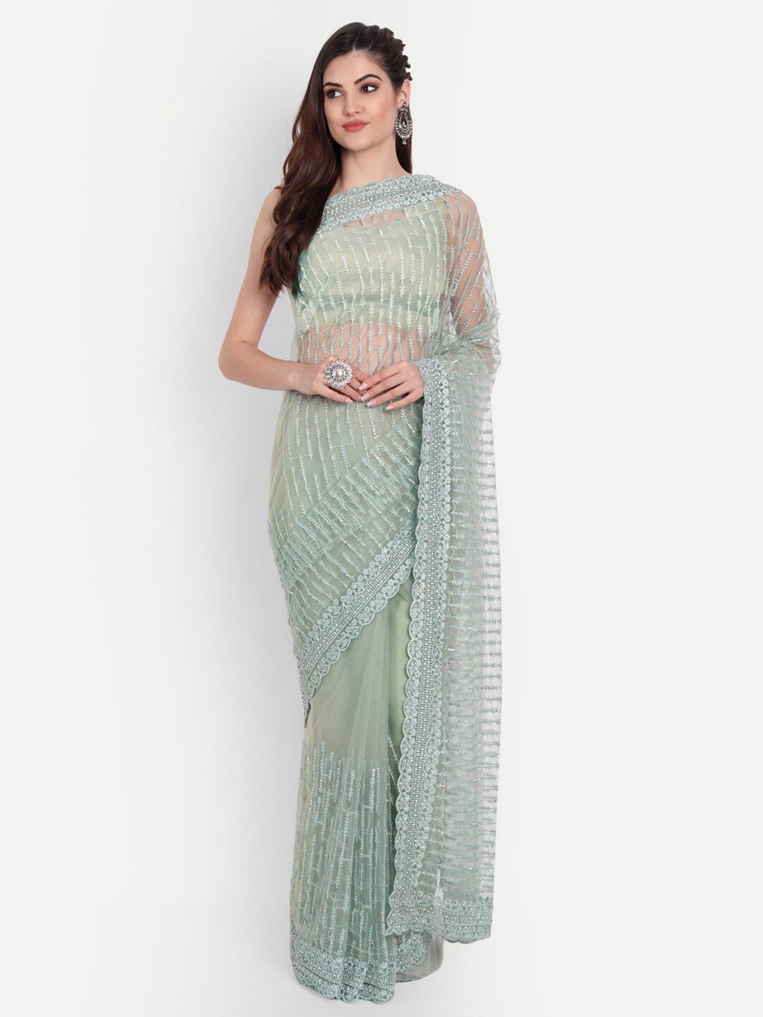 kasee Green & Silver-Toned Floral Embroidered Net Saree