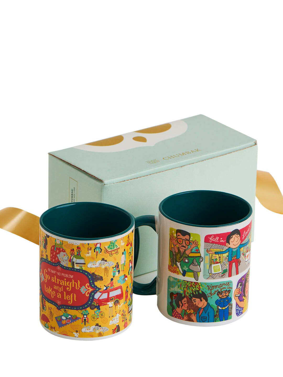 Chumbak Set Of 2 Green & Yellow Printed Mugs Gift Set