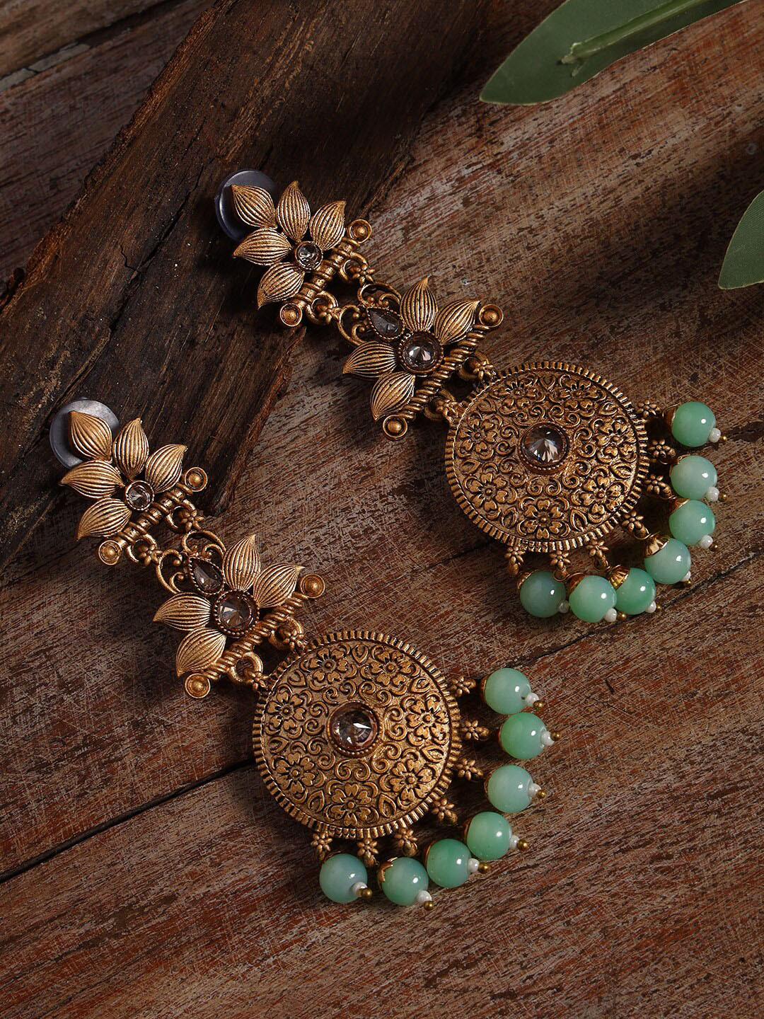 Jazz and Sizzle Women Gold-Toned & Green Floral Drop Earrings