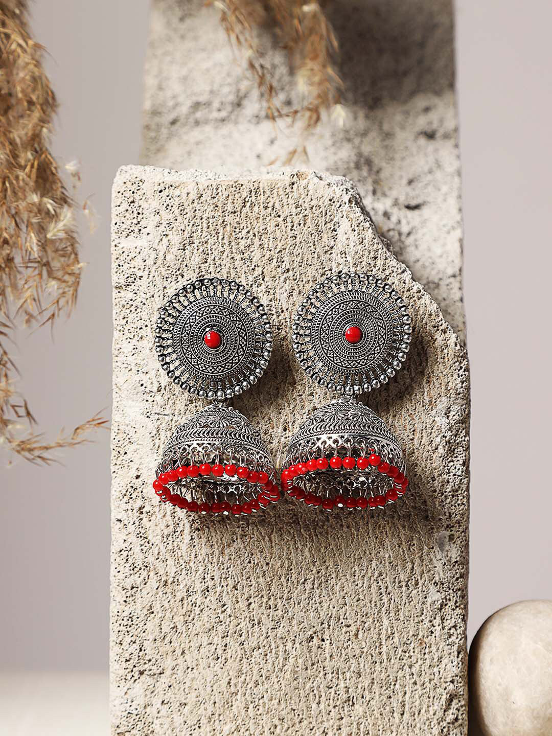 Jazz and Sizzle Silver-Toned & Maroon Contemporary Jhumkas Earrings