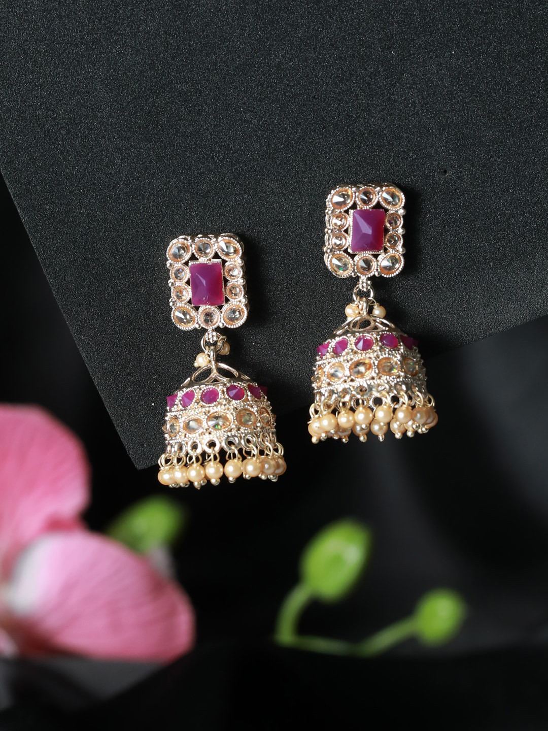 Jazz and Sizzle Rose Circular Gold-Plated AD-Studded Jhumkas Earrings