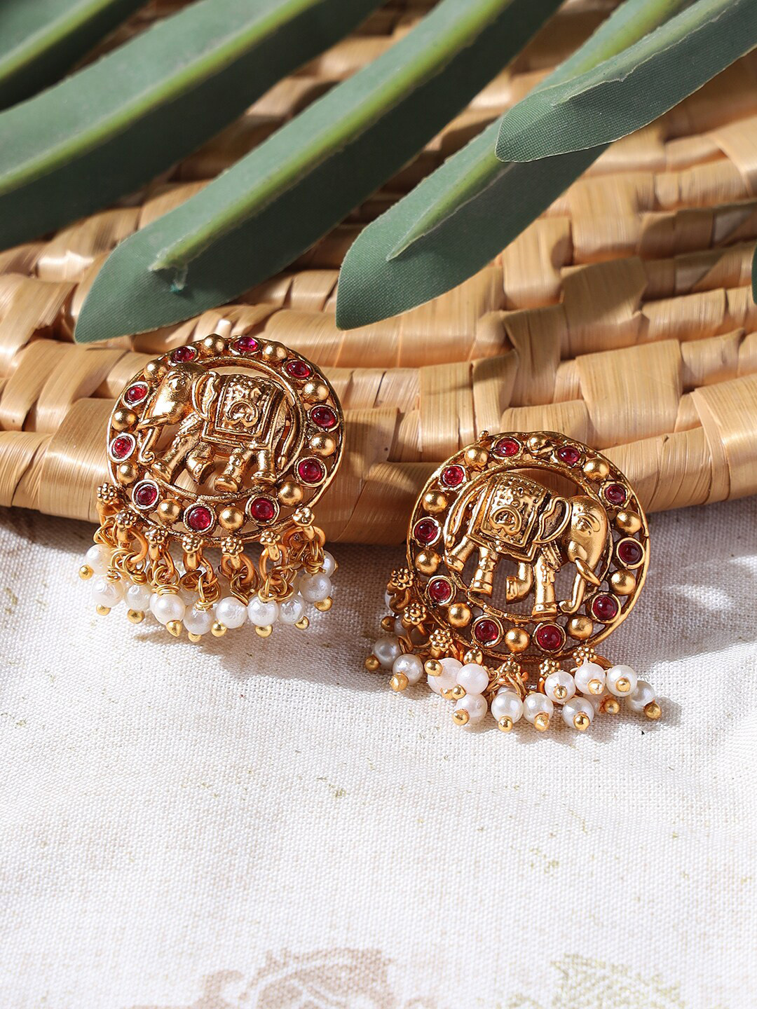 Jazz and Sizzle Red & Gold-Toned Elephant Shaped Drop Earrings