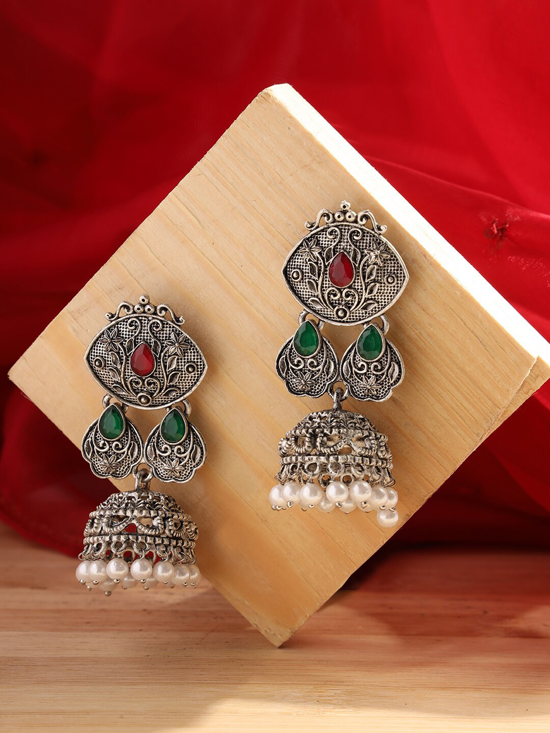 Jazz and Sizzle Women Silver-Toned Ruby & Green Contemporary Jhumkas Earrings