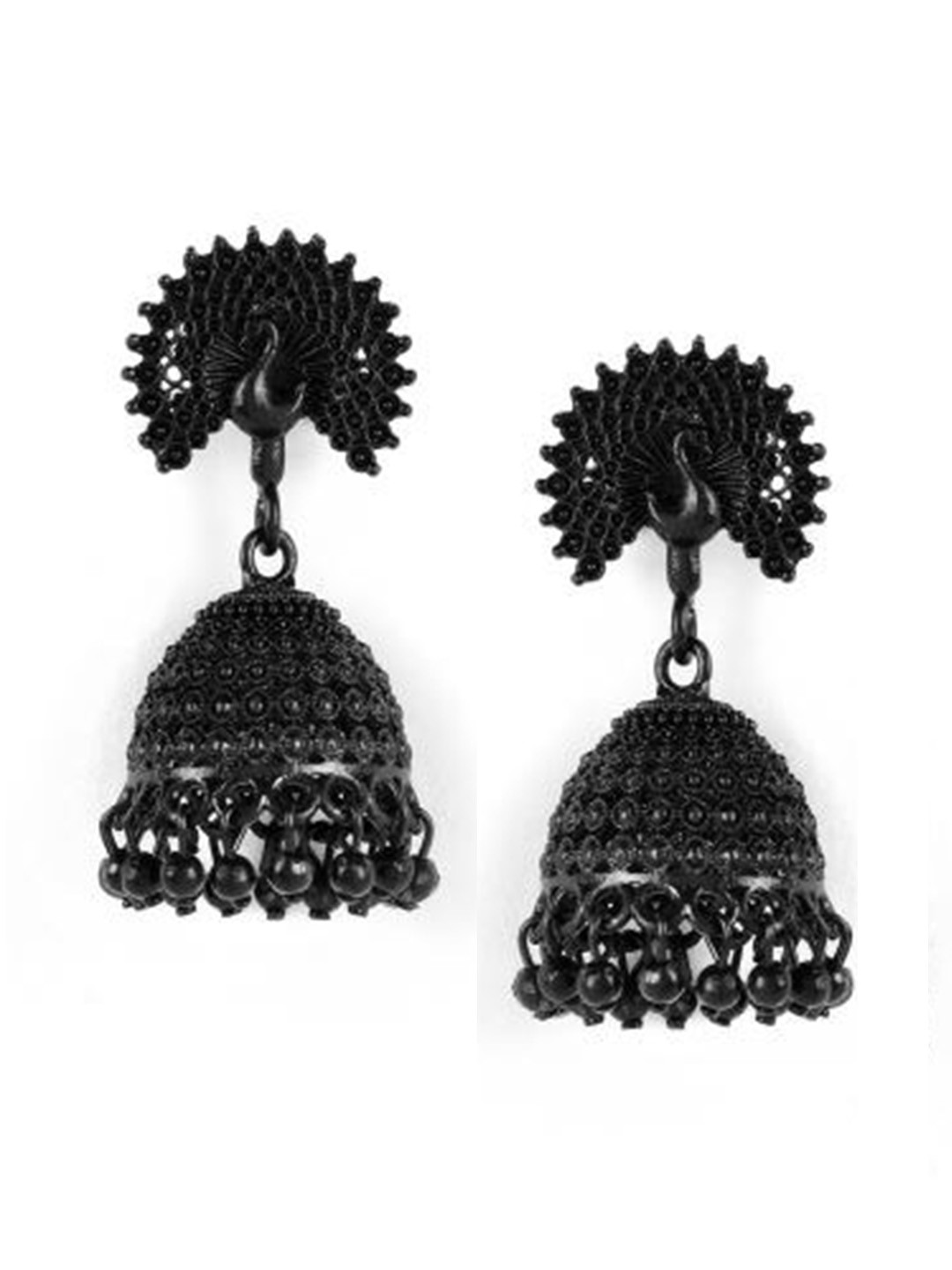 Jazz and Sizzle Black Peacock Shaped Jhumkas Earrings