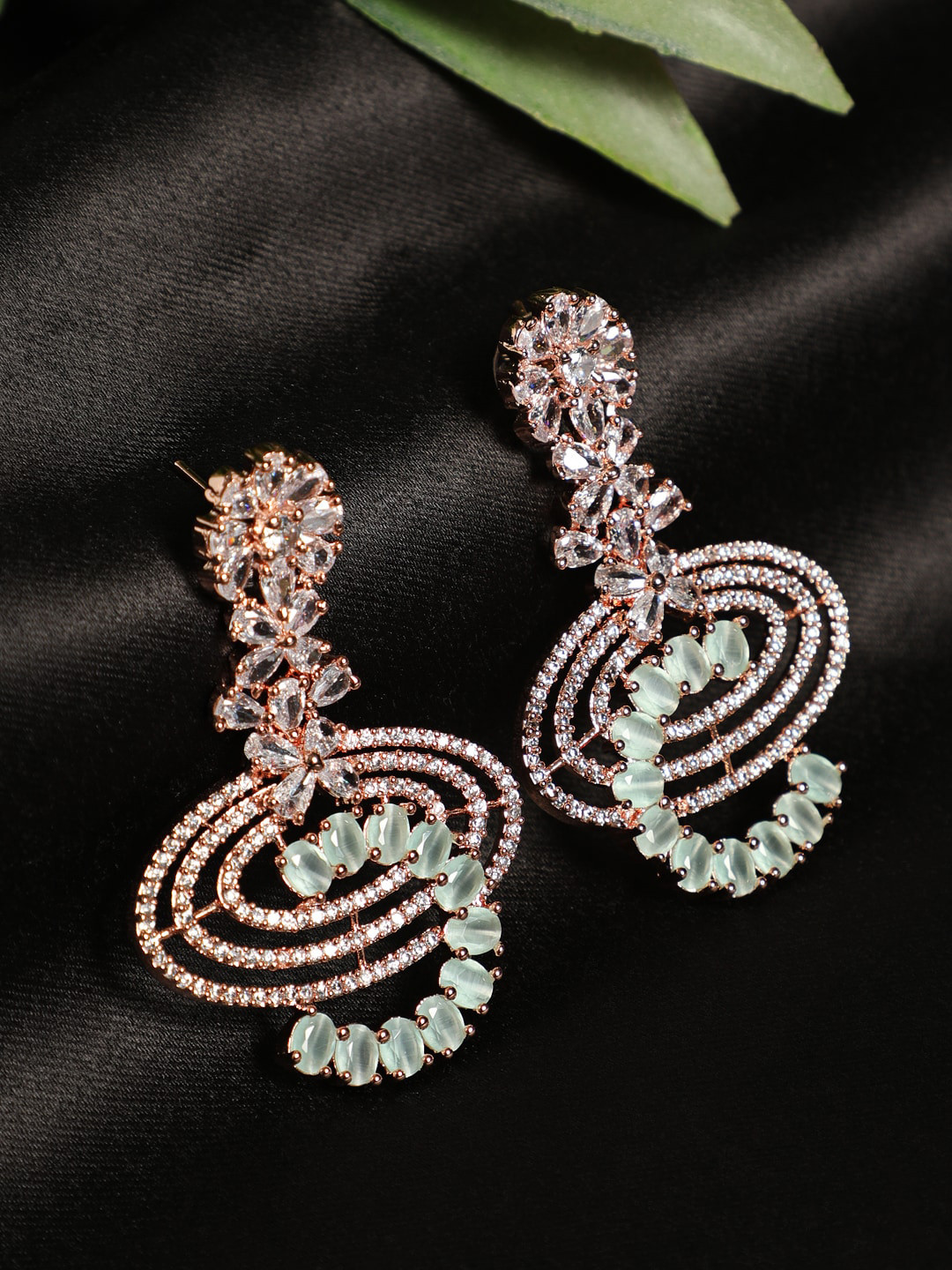 Jazz and Sizzle Green & White Rose Gold-Plated Crescent Shaped Drop Earrings