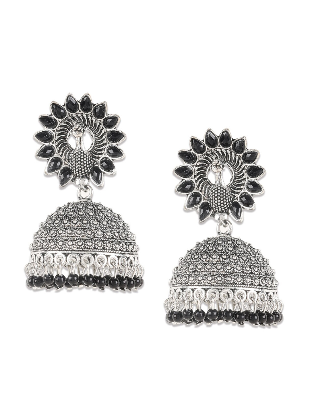 Jazz and Sizzle Black Peacock Shaped Jhumkas Earrings