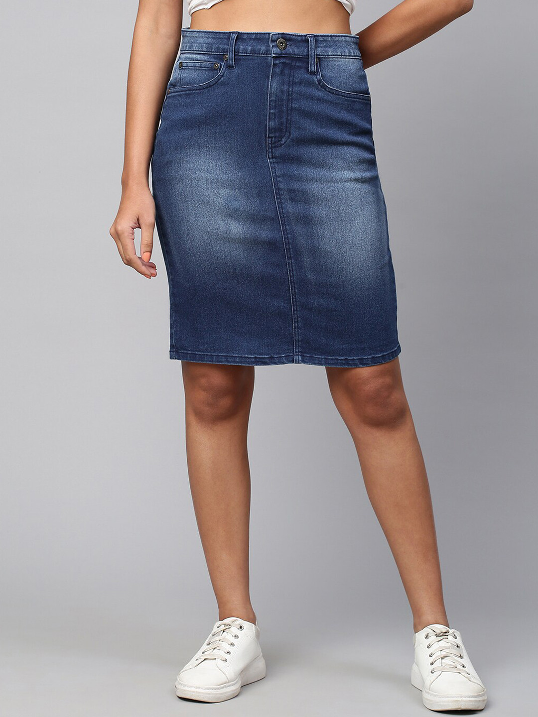 Chemistry Women Navy Solid Pencil Midi Denim Skirts