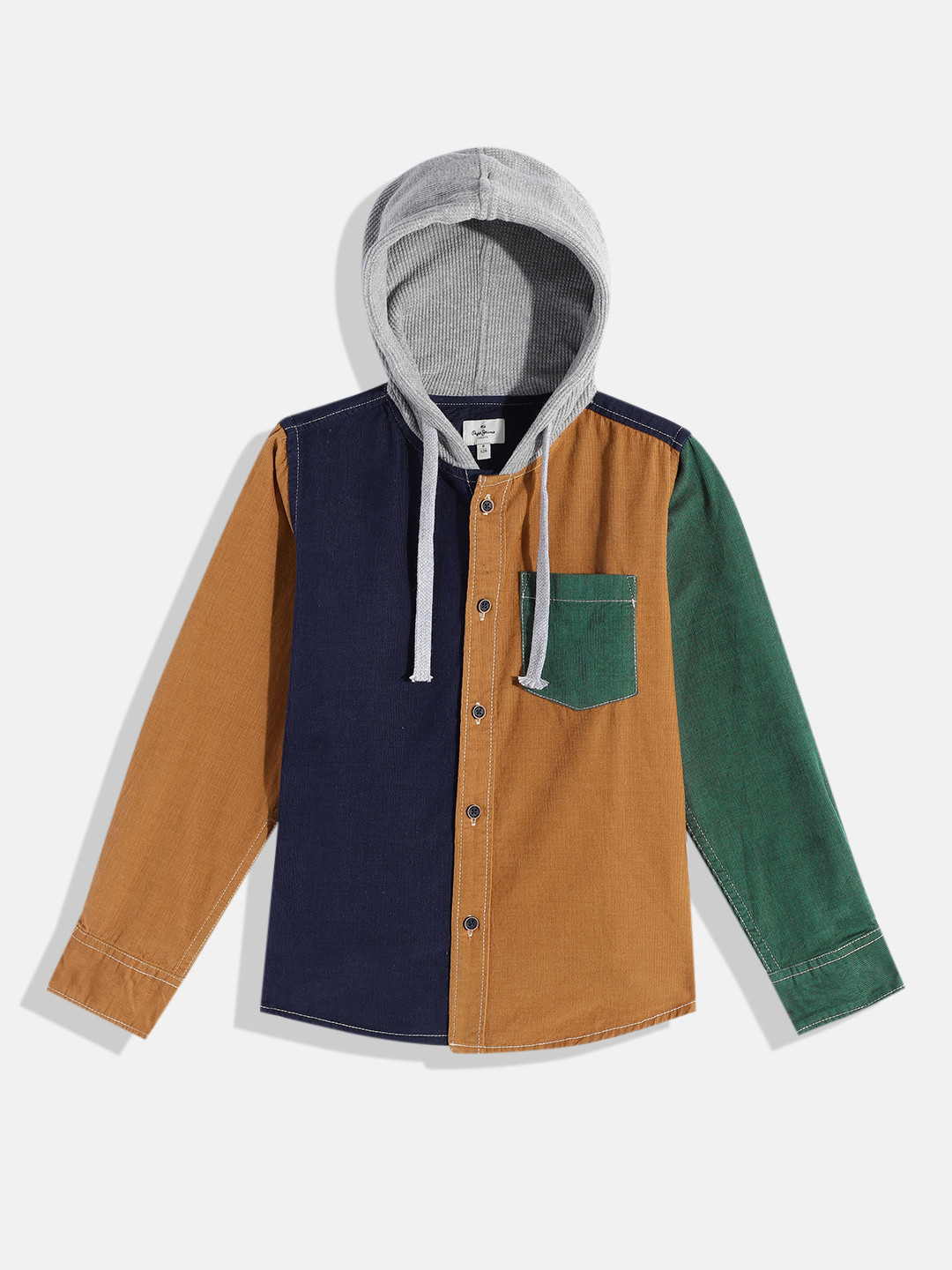 Pepe Jeans Boys Colourblocked Corduroy Weave Pure Cotton Hooded Casual Shirt