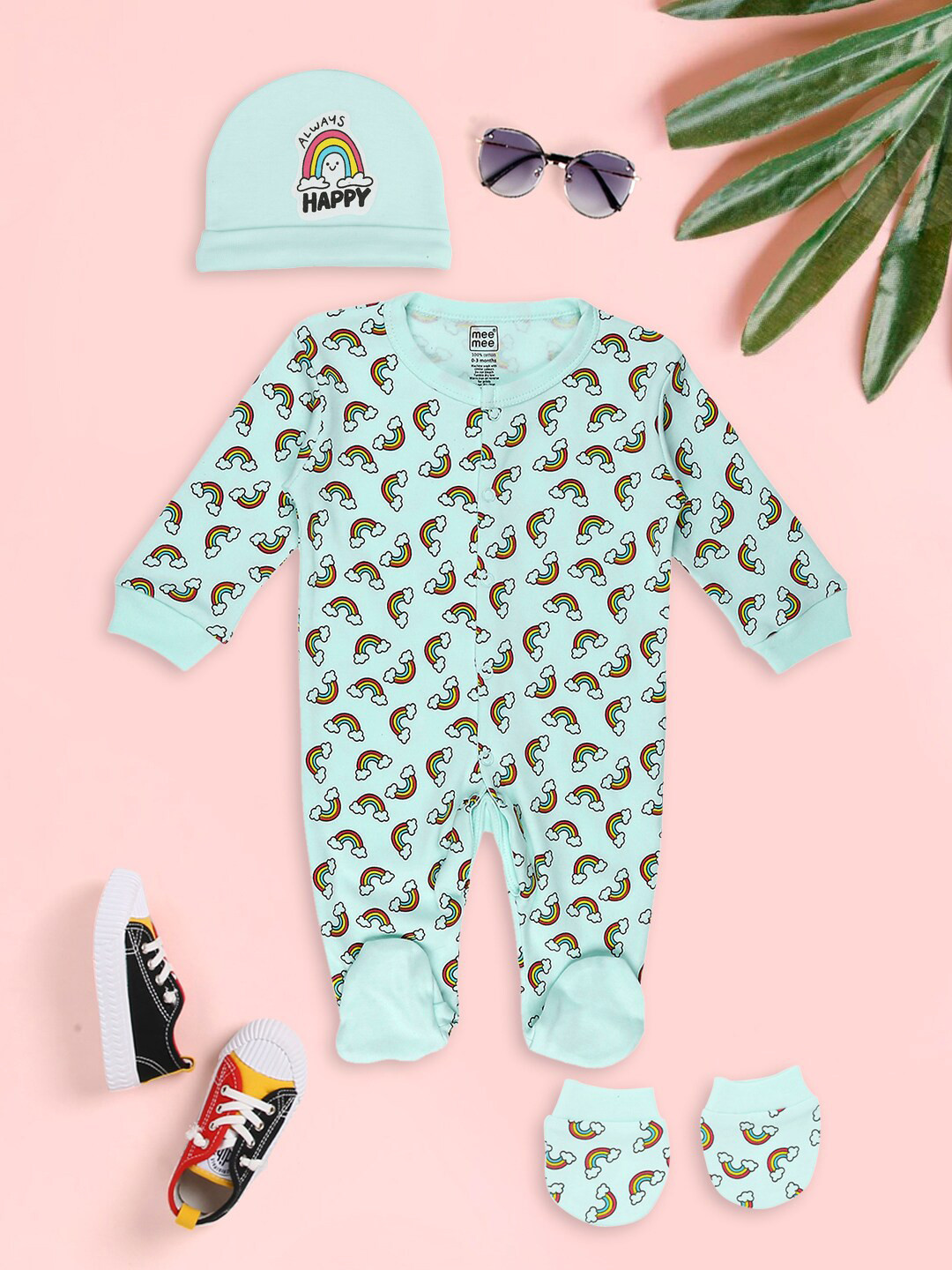 MeeMee Infant Pack of 3 Blue Printed Baby Apparel Gift Set