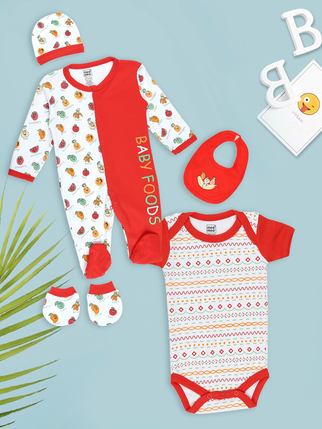 MeeMee Infant Pack of 5 Red Printed Cotton Baby Apparel Gift Set