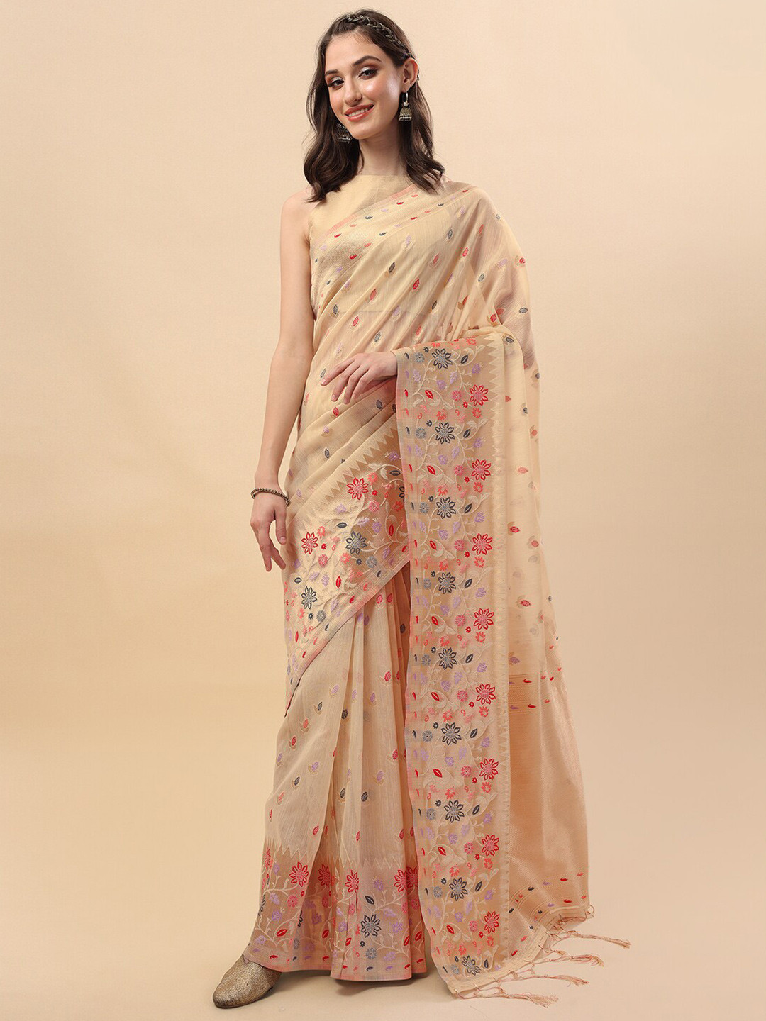 Inddus Women Off White Woven Design Traditional Saree with Blouse Piece