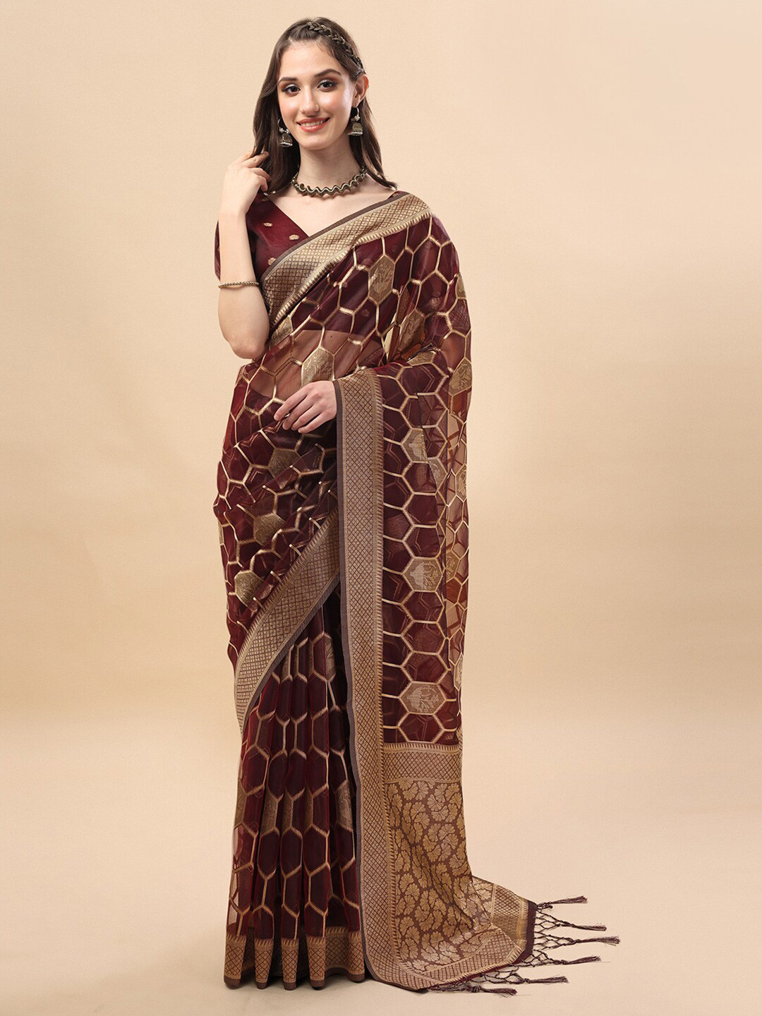 Inddus Maroon & Gold-Toned Organza Saree  with Blouse Piece