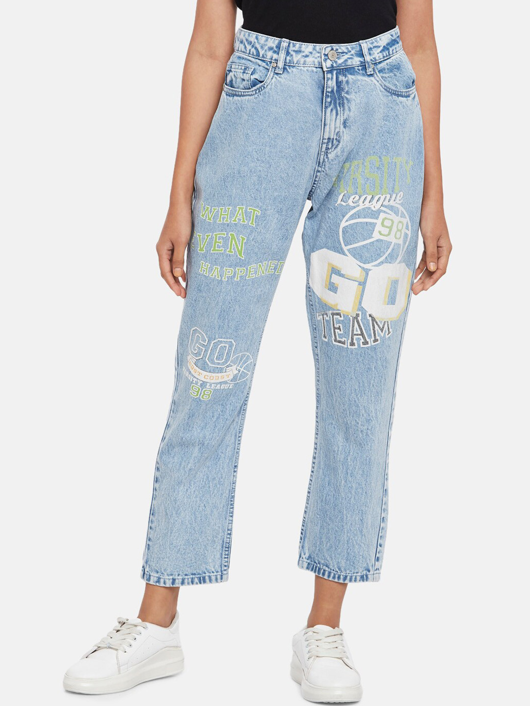 People Women Blue Straight Fit High-Rise Light Fade Jeans