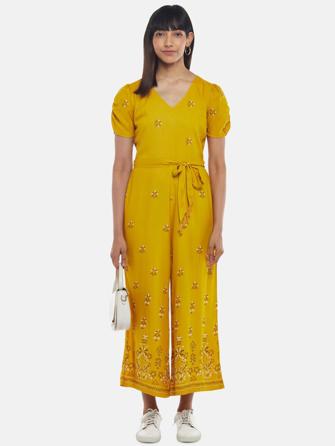 People Yellow Printed Basic Jumpsuit