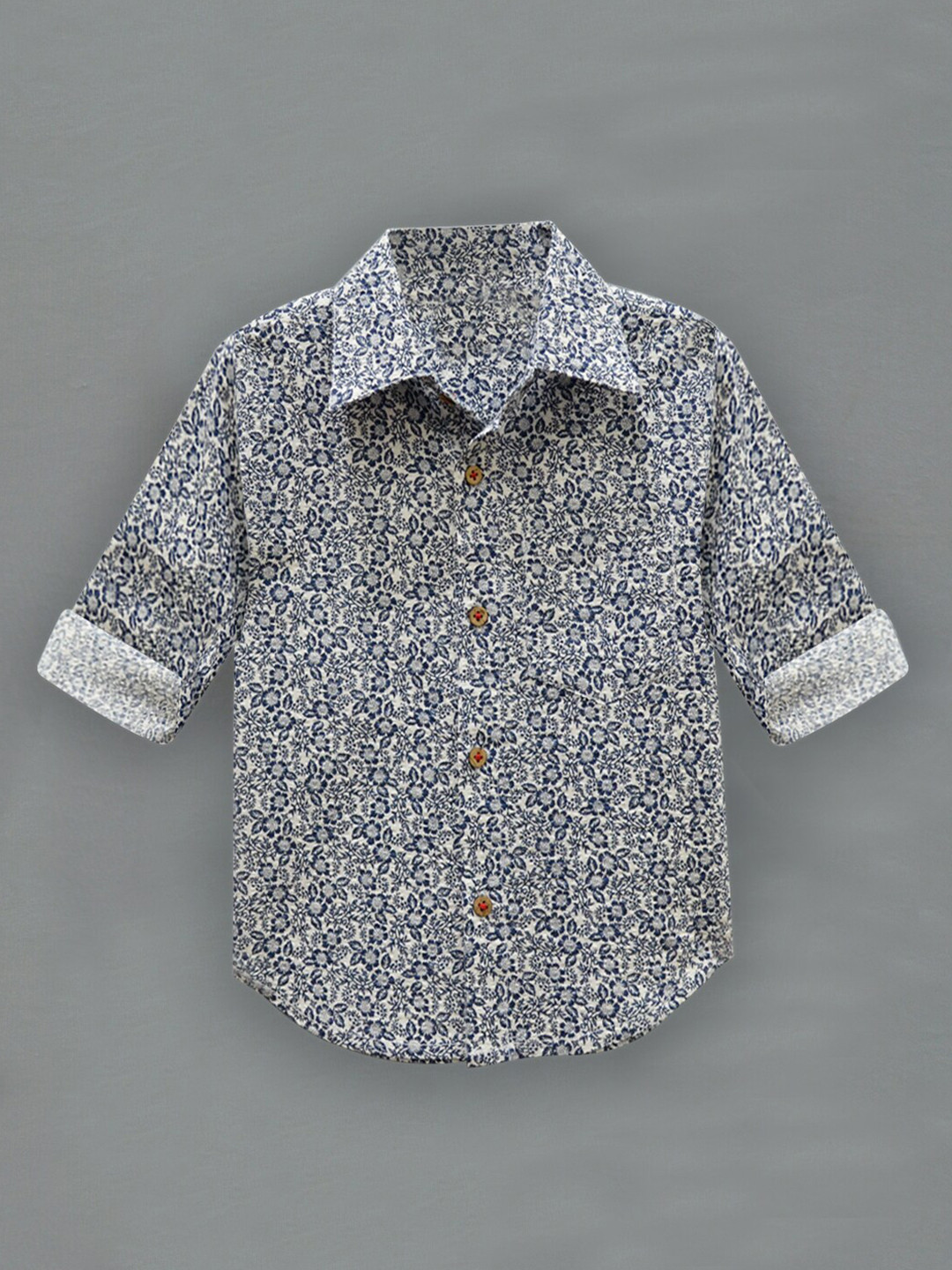A T U N Boys White & Navy Blue Classic Floral Printed Cotton Casual Shirt