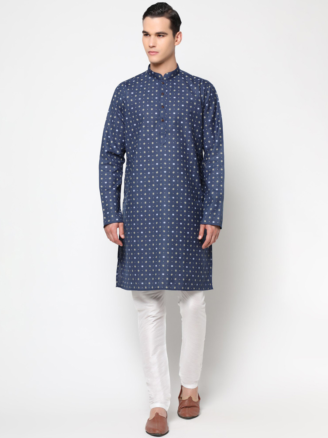 LAGAAV Men Blue Printed Pure Cotton Kurta with White Trousers