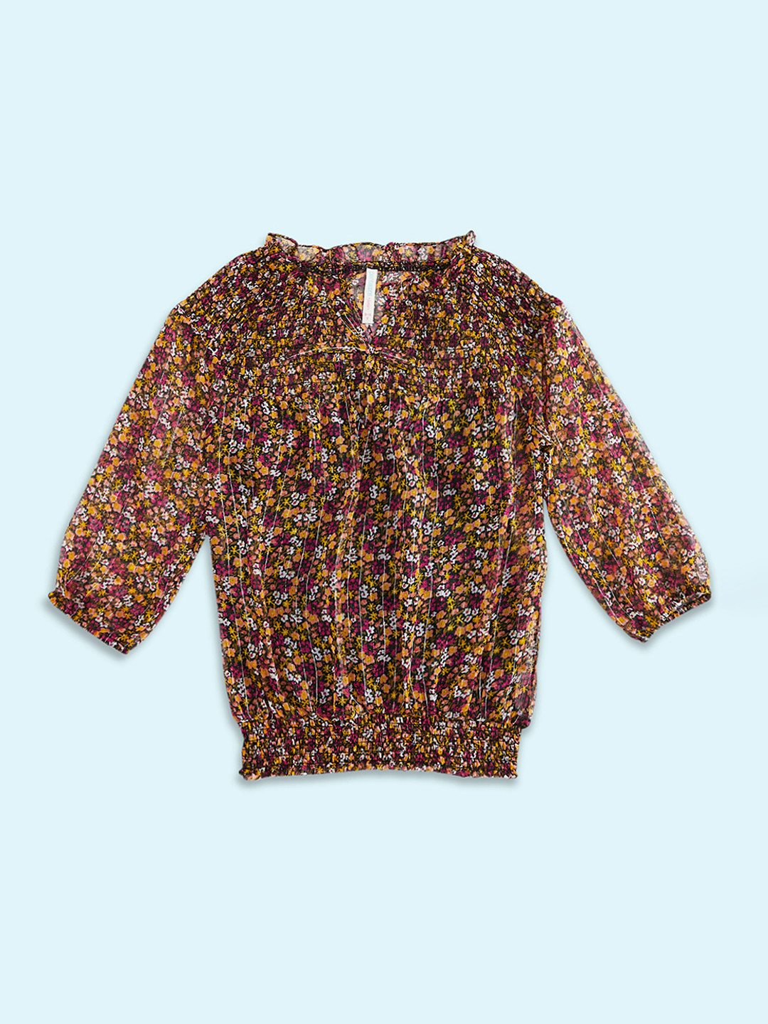 Pantaloons Junior Girls Black & Pink Floral Print Keyhole Neck Blouson Top