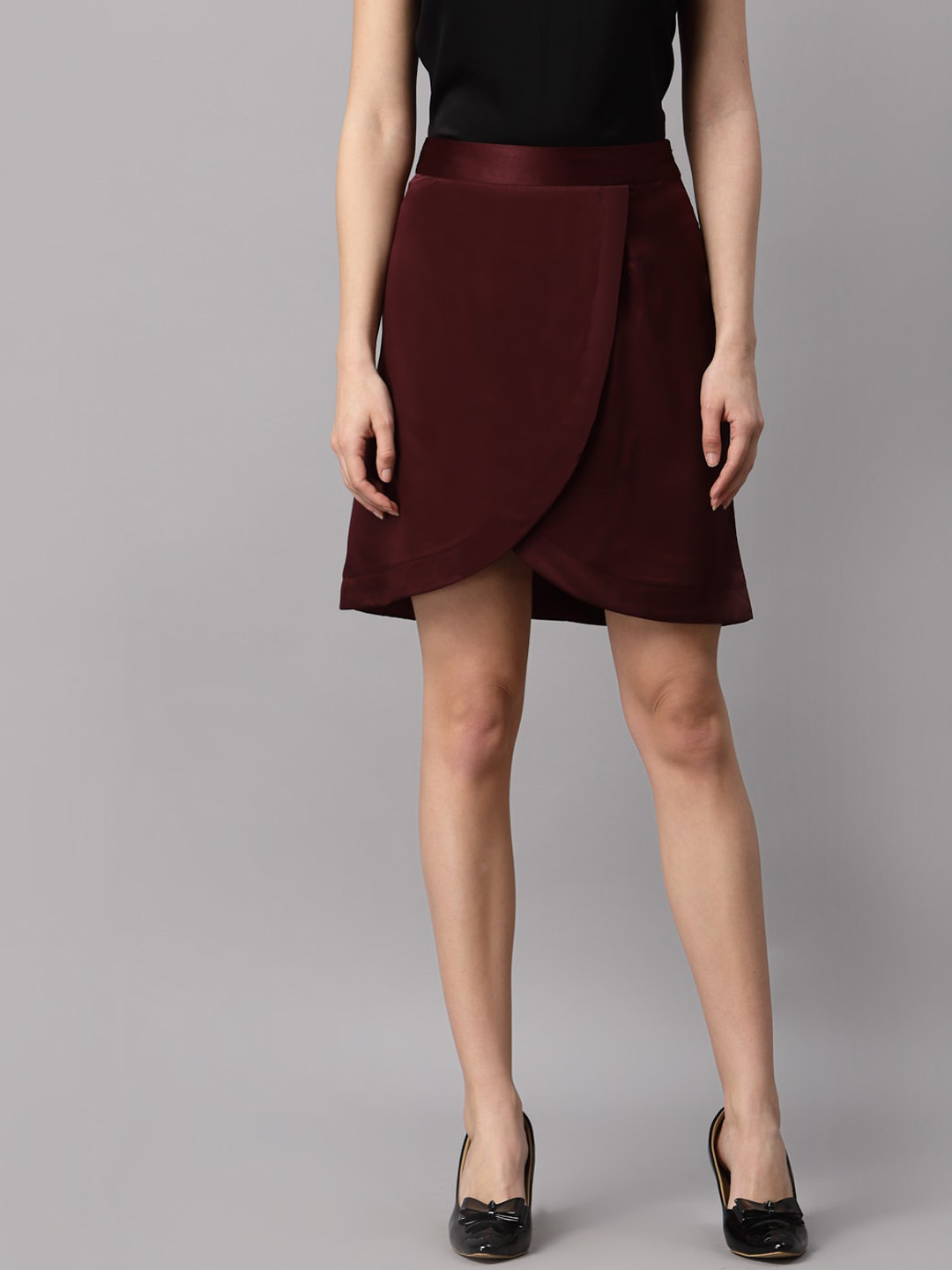 NEUDIS Women Burgundy Solid Satin Wrap Mini Skirt