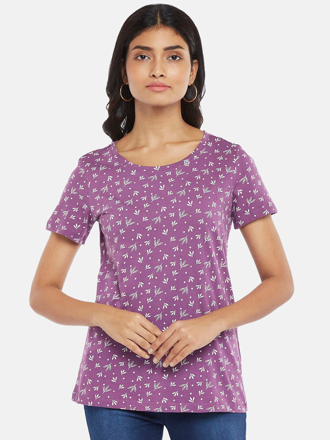 Honey by Pantaloons Women Lavender Floral Printed Raw Edge T-shirt