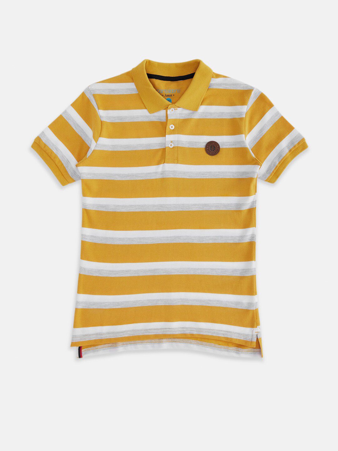 Pantaloons Junior Boys Mustard Yellow & White Striped Polo Collar Applique T-shirt