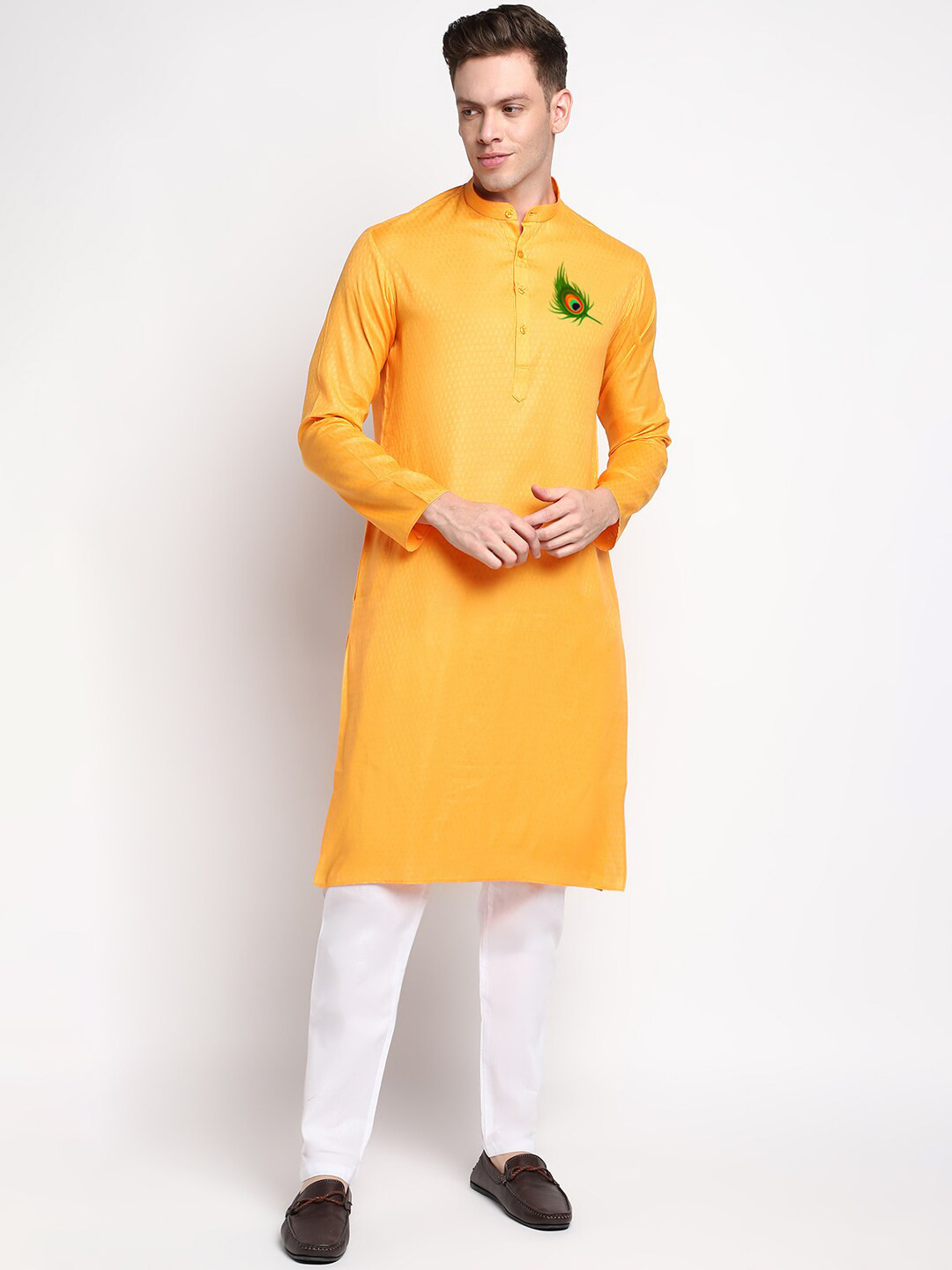 DEVOILER Men Mustard Yellow Hand Painted Kurta