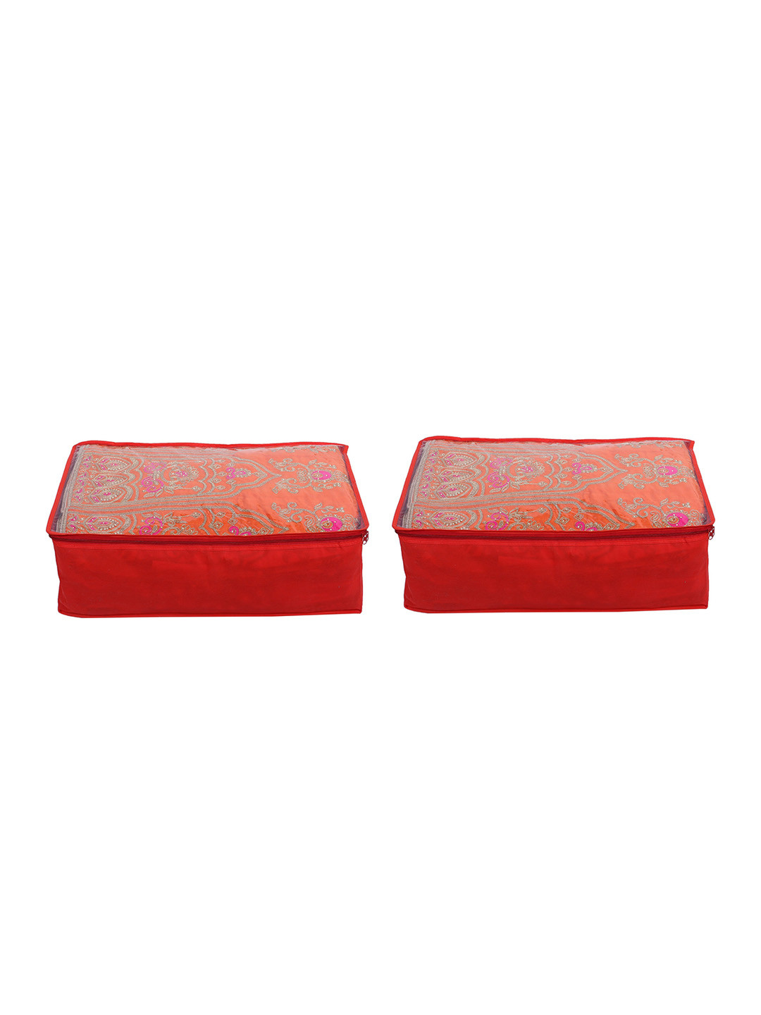 Home Fresh Set Of 2  Red  Solid Saree Organisers With Transparent Window