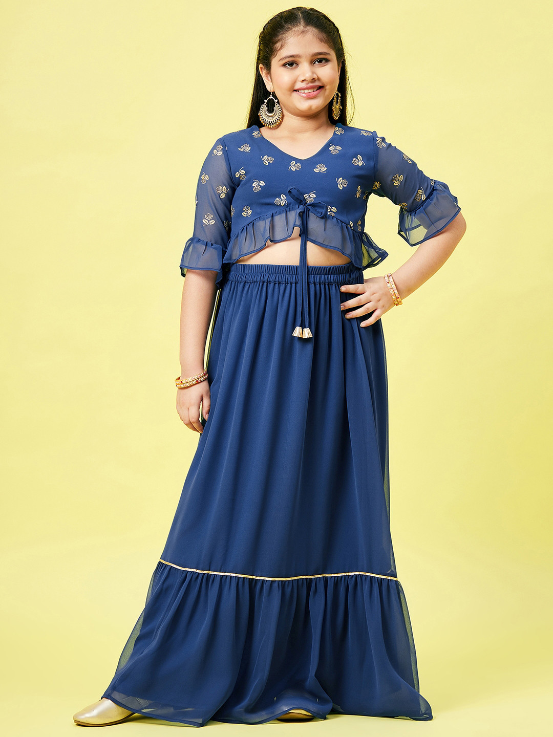 Stylo Bug Girls Blue & Gold-Toned Printed Layered Ready to Wear Lehenga & Blouse