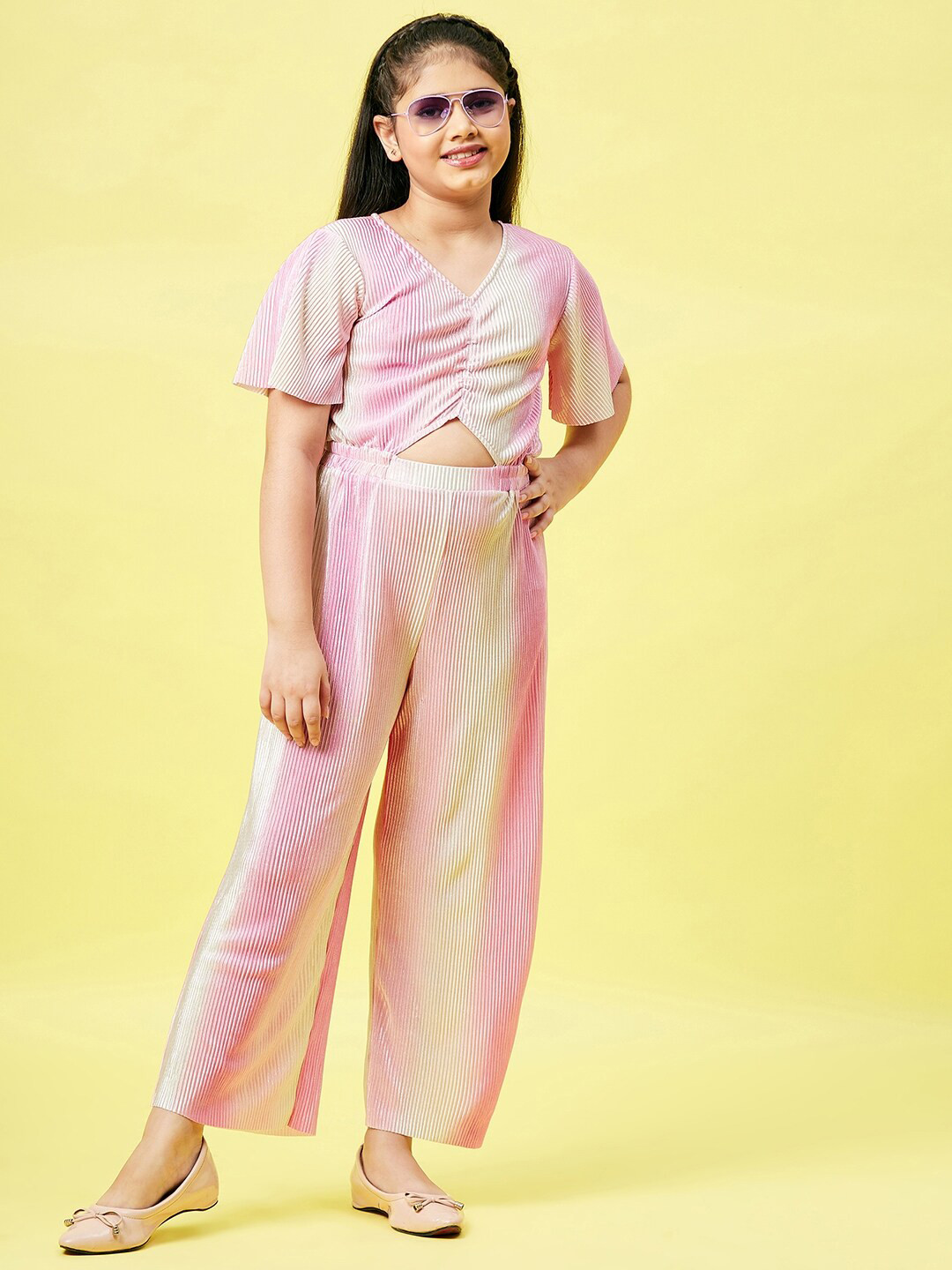 Stylo Bug Girls Pink Short Sleeve V-Neck Basic Jumpsuit