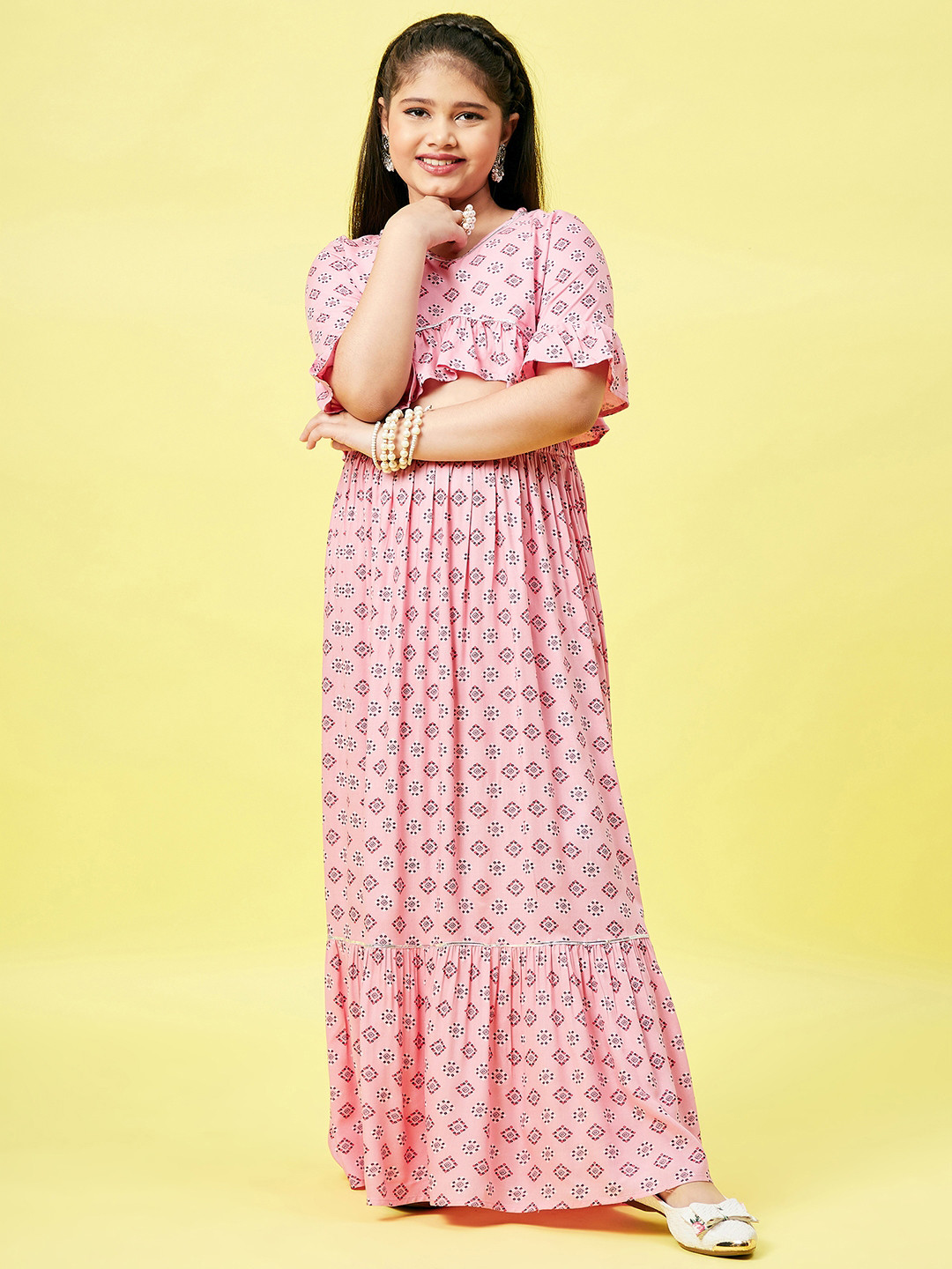 Stylo Bug Girls Pink & Purple Printed Layered Ready to Wear Pure Cotton Lehenga & Blouse