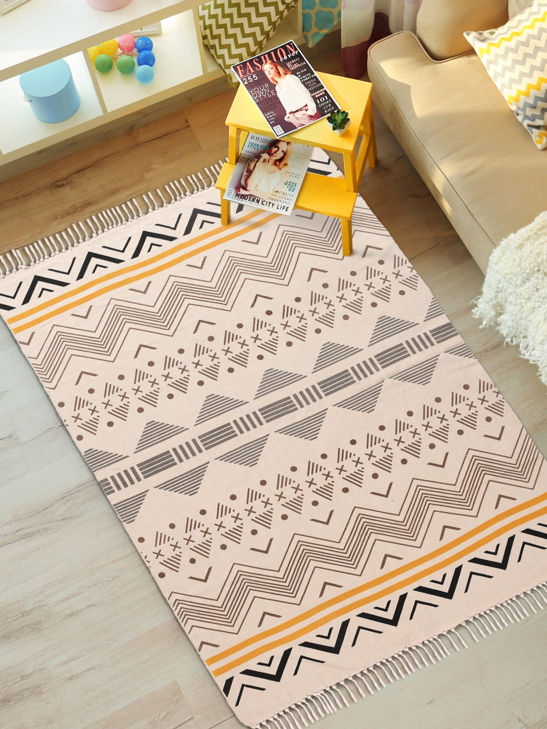 URBAN SPACE Beige & Mustard Printed 1000 GSM Cotton Carpets