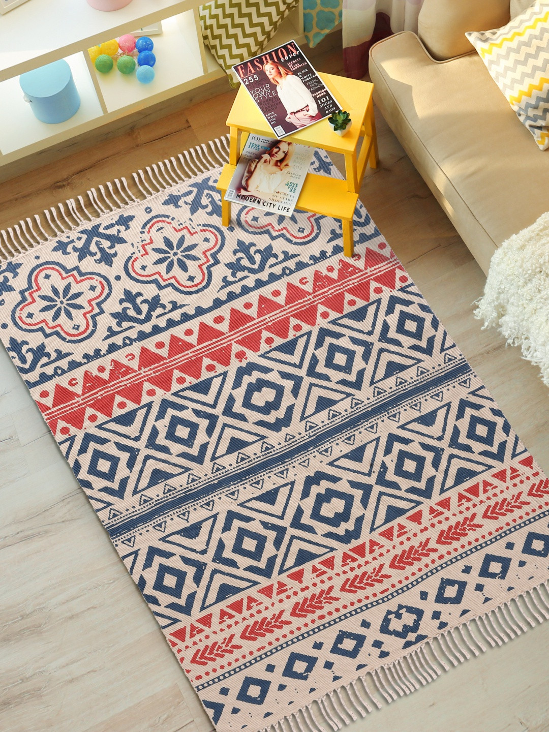 URBAN SPACE Cream & Blue Bohemian Printed Cotton Rugs