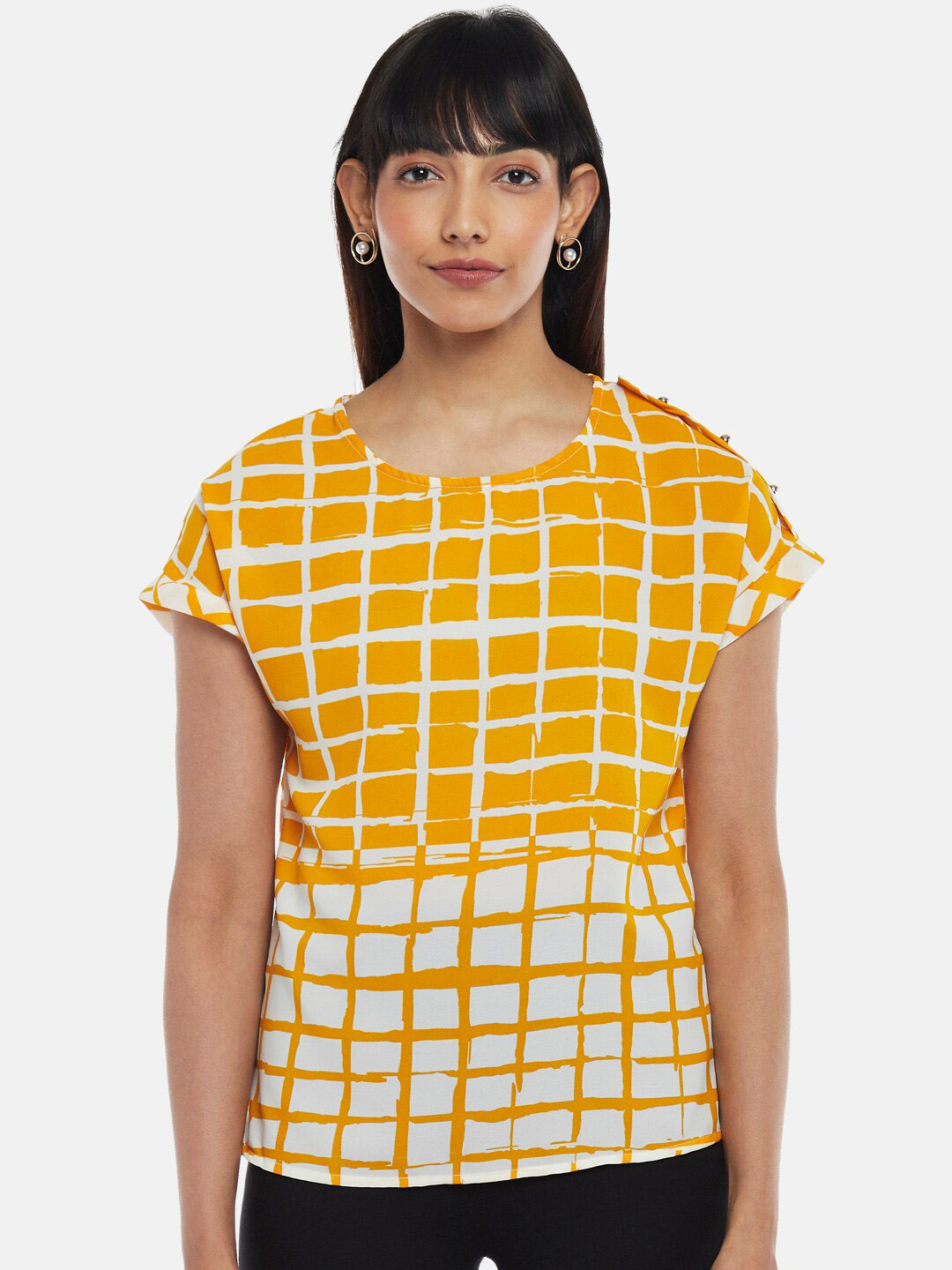 Annabelle by Pantaloons Women Mustard Yellow & White Checked Top