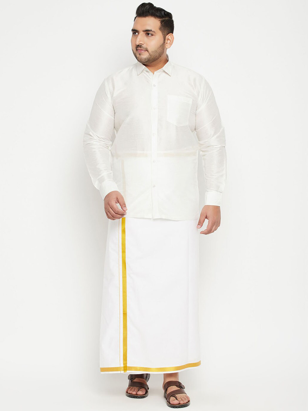 VASTRAMAY Plus Size Men White Shirt with Dhoti