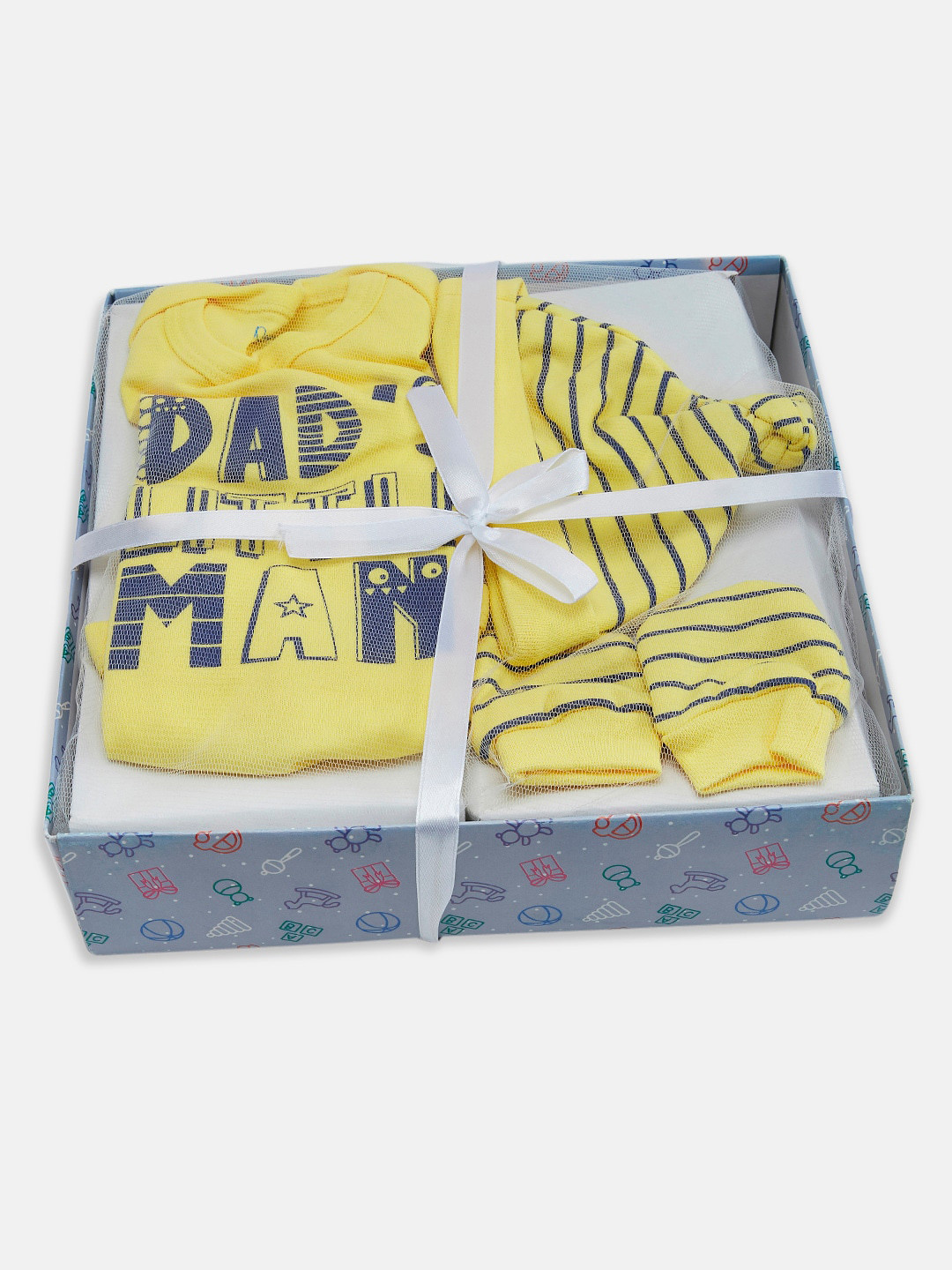 Pantaloons Baby Infants Yellow & Blue Printed Cotton Bodysuit With Mittens & Caps
