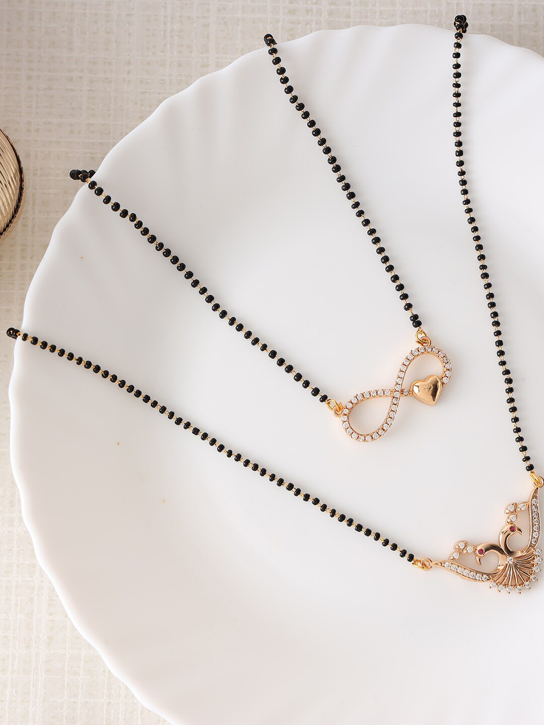 Jazz and Sizzle Set Of 2 Rose Gold-Plated Black AD-Studded & Beaded Mangalsutra