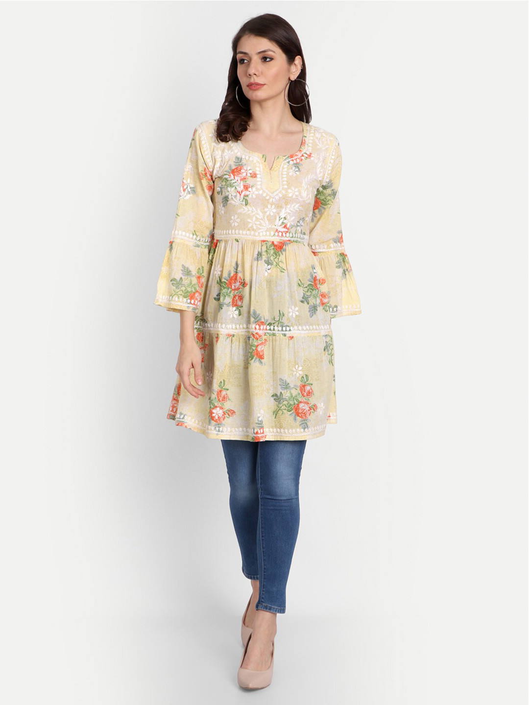 Indiankala4u Women Yellow Floral Embroidered Chikankari Tiered Kurti