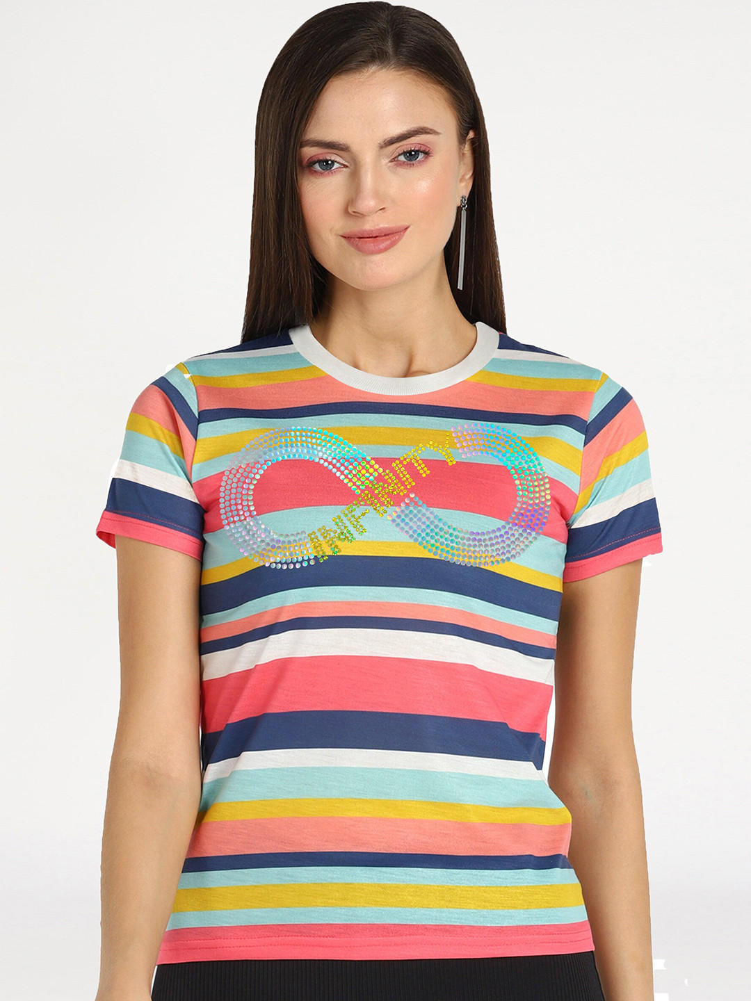 shashvi Women Gunmetal-Toned Striped T-shirt