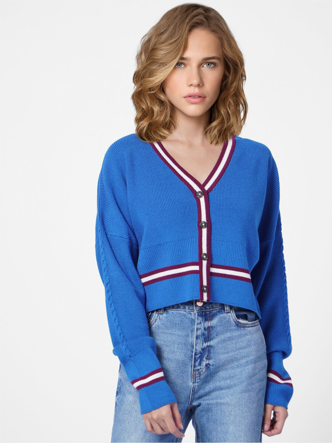 ONLY Women Blue & White Colourblocked Crop Cardigan