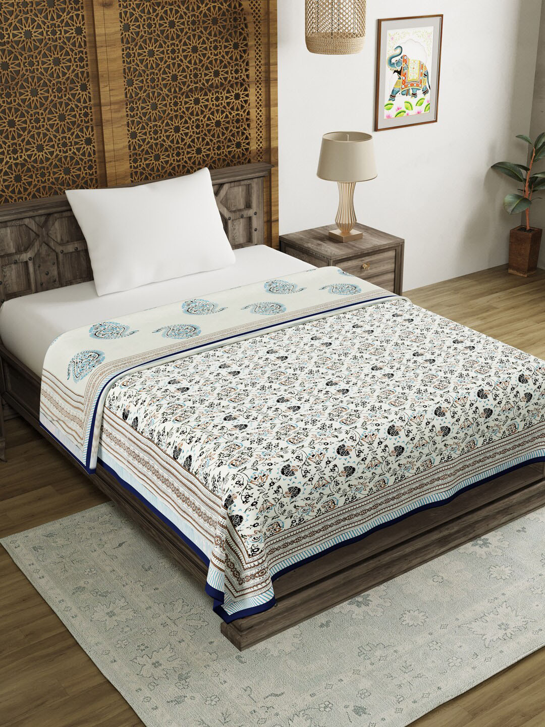 BLOCKS OF INDIA Grey & Brown Ethnic Motifs AC Room 150 GSM Single Bed Dohar