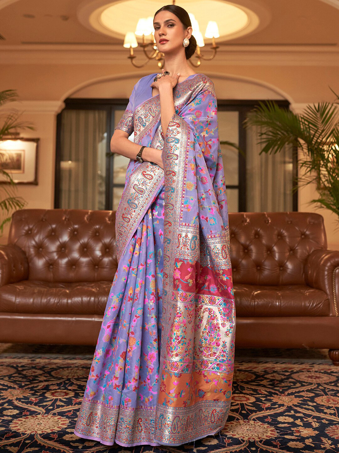 Mitera Lavender & Orange Woven Design Silk Blend Paithani Saree
