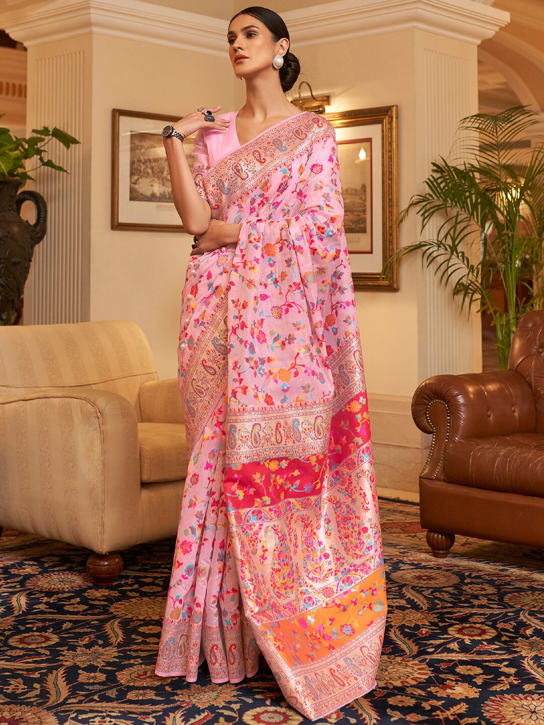 Mitera Women Pink & Blue Woven Design Zari Silk Blend Paithani Saree