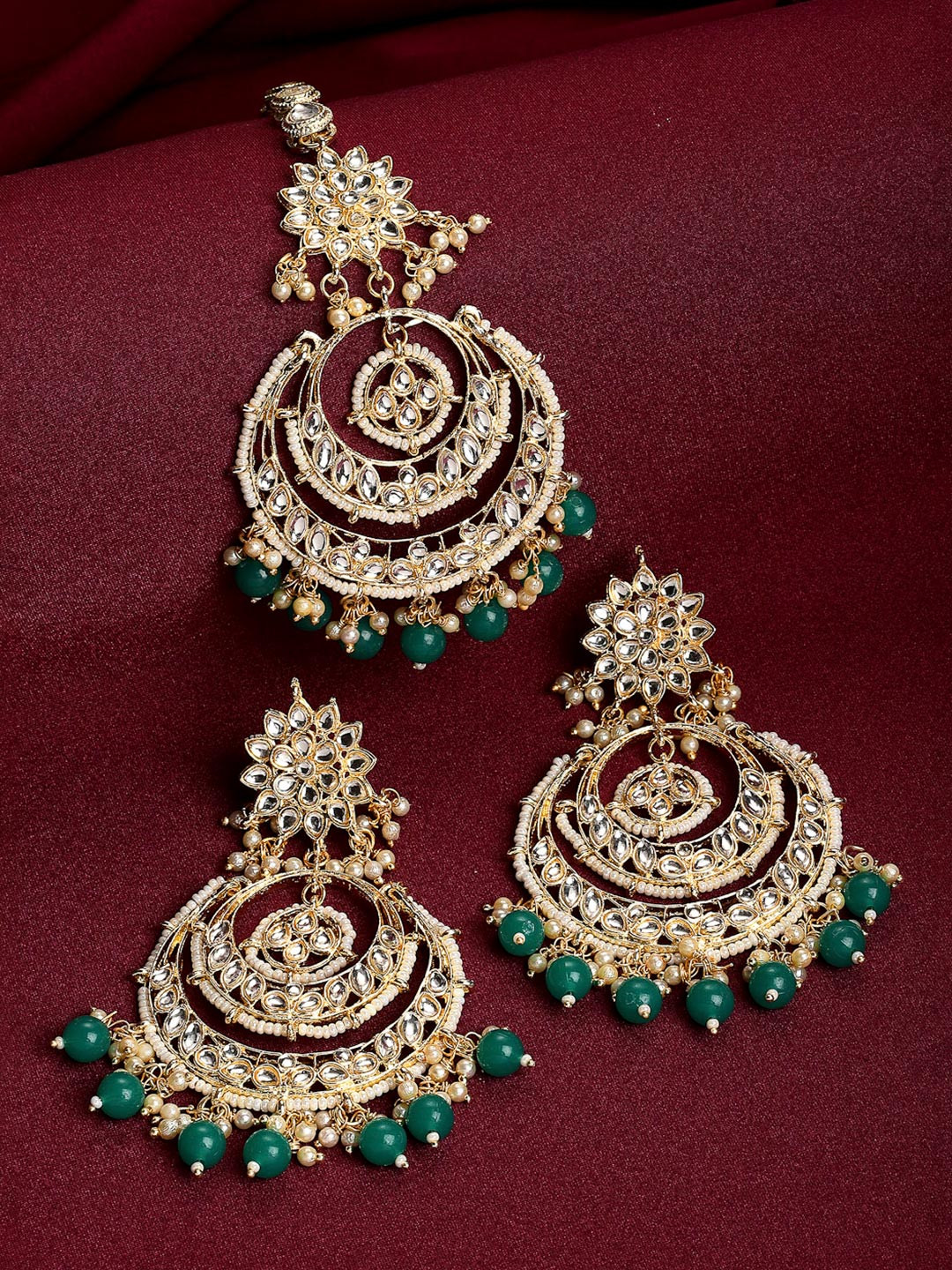 ZENEME Women Gold-Plated Green Stone Studded & Beaded Jewelry Set